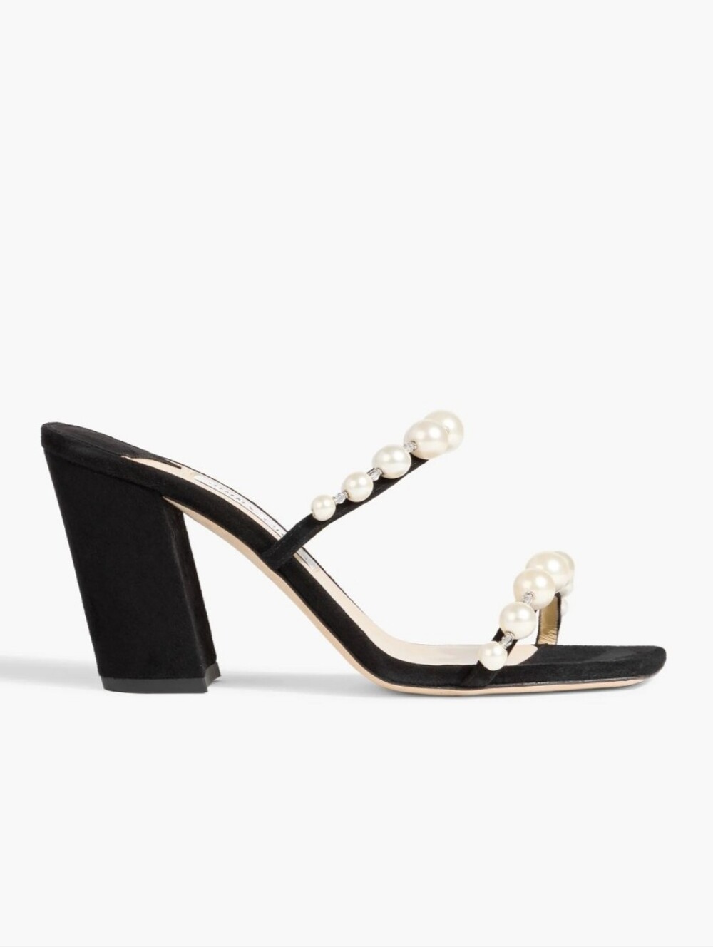 Jimmy Choo Amara 85 Black Pearl-Embellished Suede Block Heel Mules Size 35